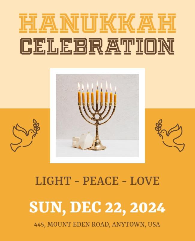 Warm Gold Hanukkah Celebration with Menorah Poster Template