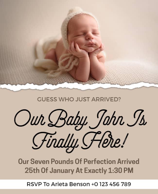 Warm Neutral Baby Announcement with Adorable Infant Photo Poster Template
