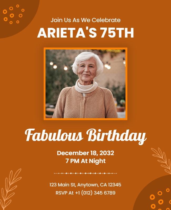 Warm Orange Elegant 75th Birthday Celebration Poster Template