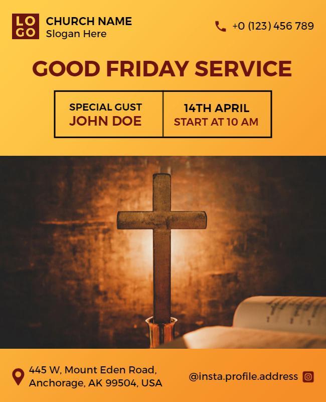 Warm Orange Good Friday Service with Cross Poster Template