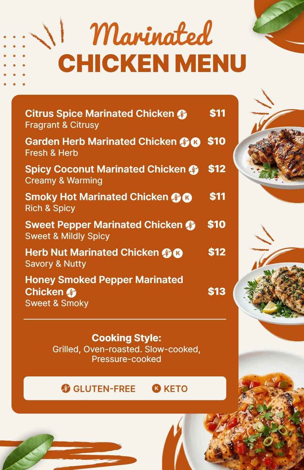 Warm Orange Marinated Chicken Dishes Menu Template