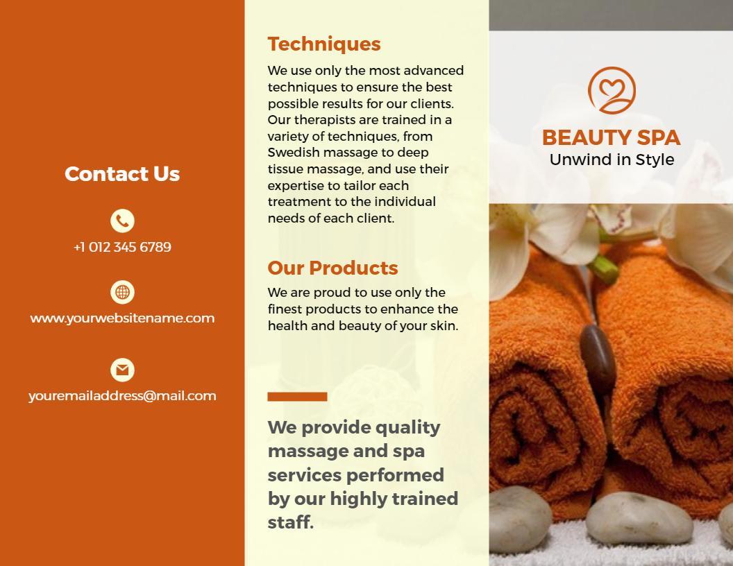 Warm Orange Spa Services and Techniques Pamphlet Brochure Template