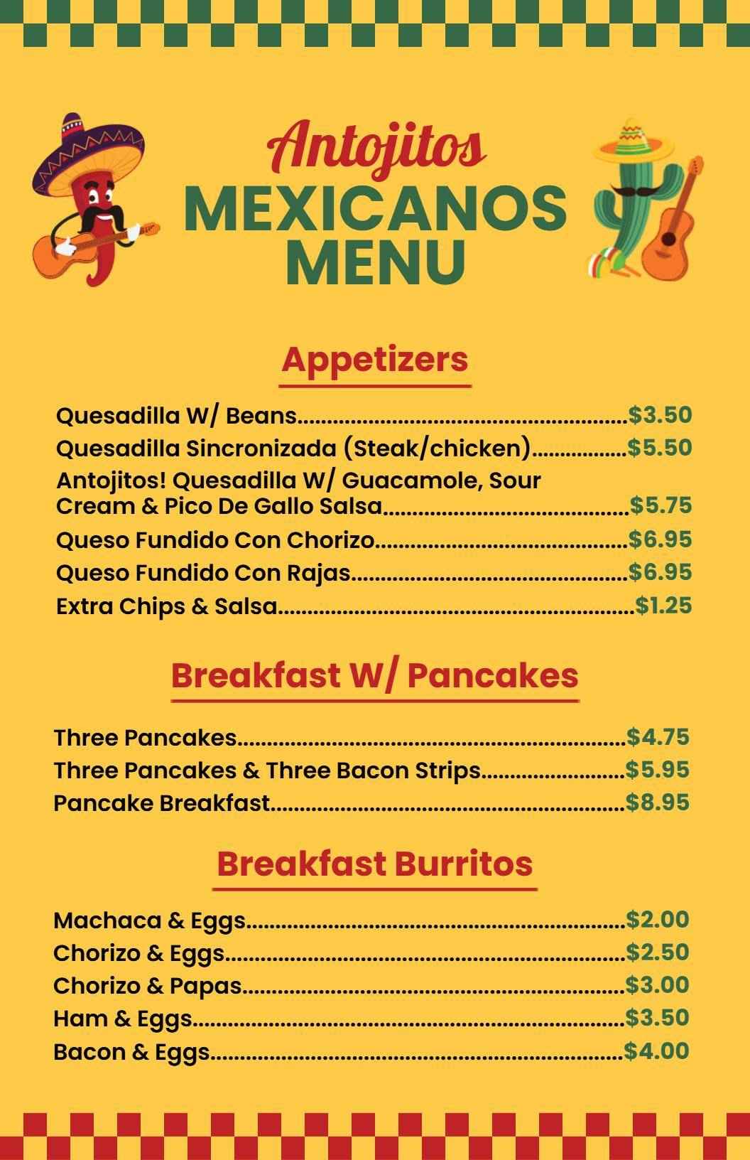 Warm Yellow Mexican Antojitos Breakfast Menu Template