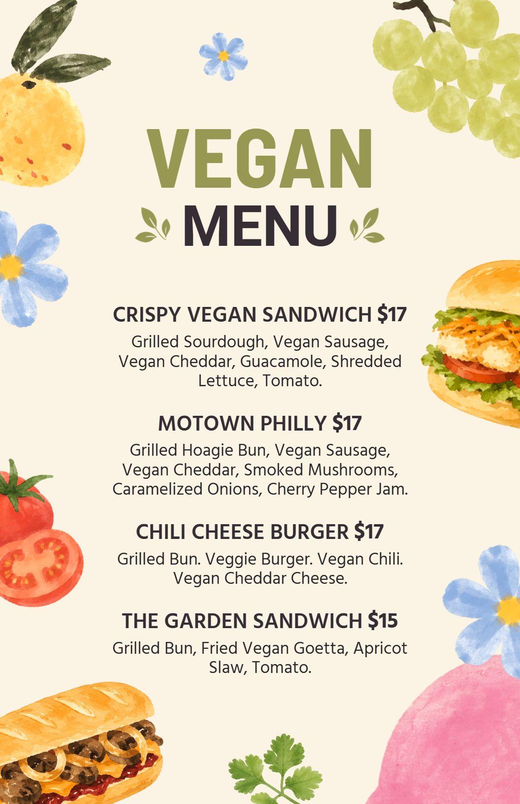 Watercolor-Inspired Healthy Vegan Meal Choices Menu Template