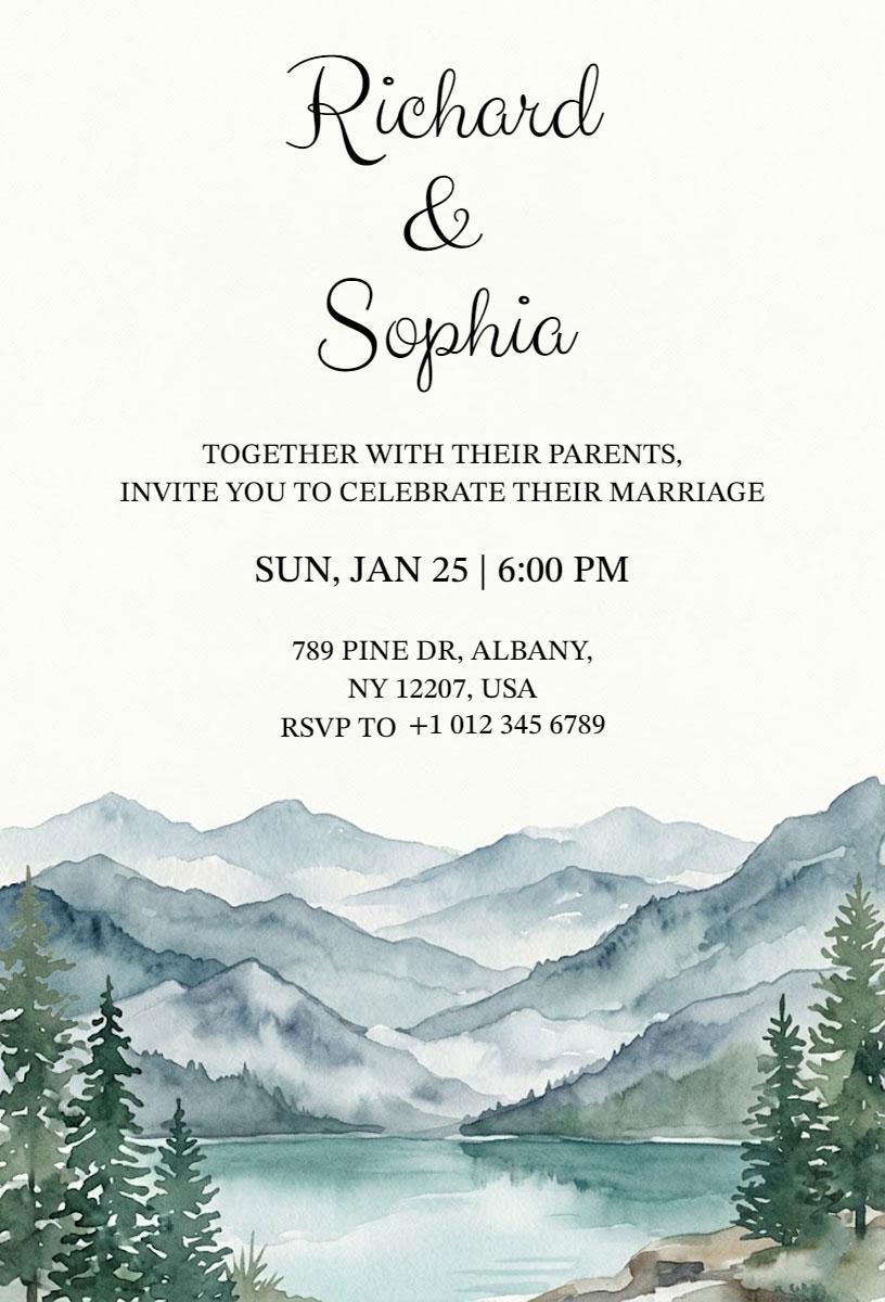 Watercolor Mountain Scenic Wedding Celebration Invitation Template