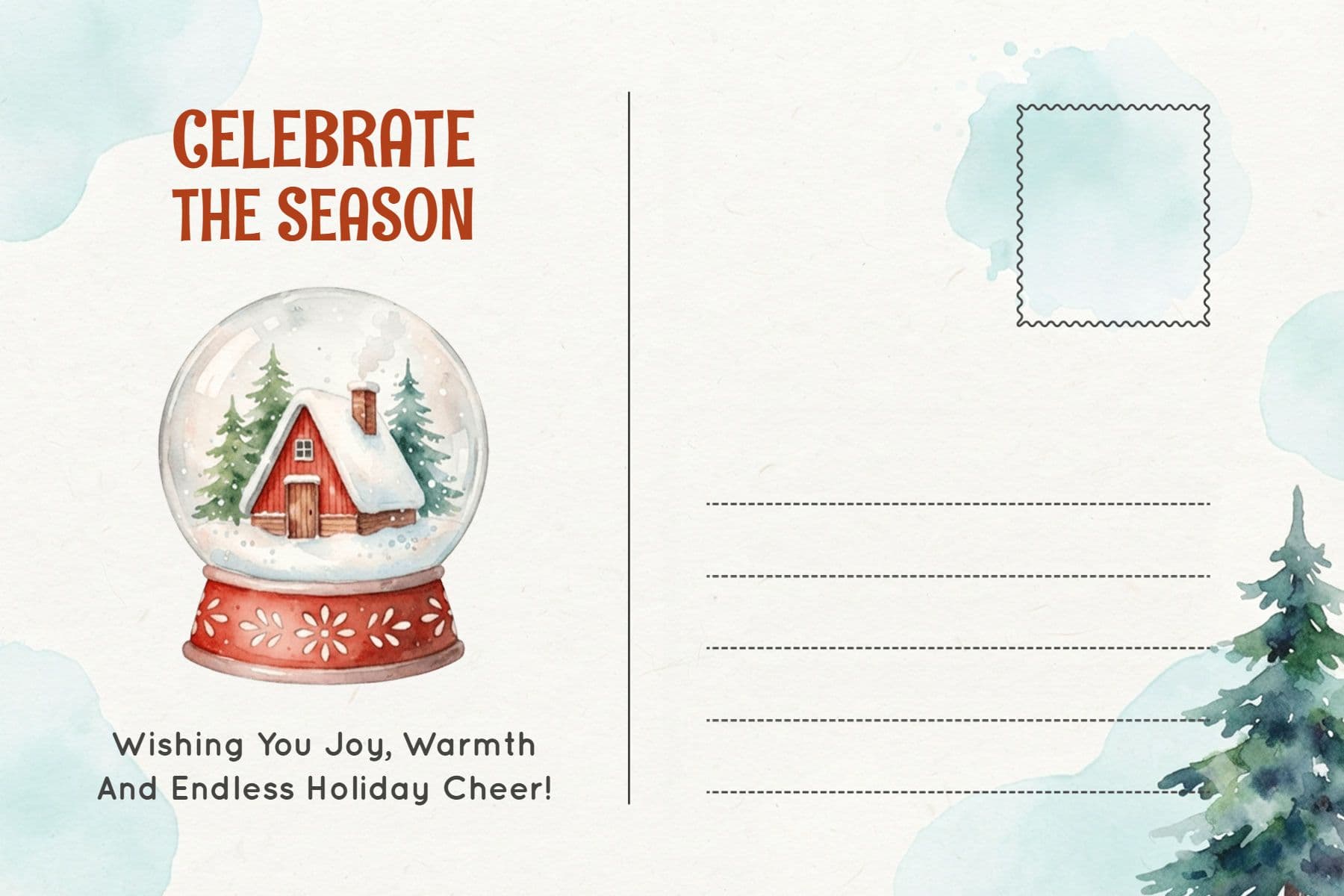 Watercolor Snowy Christmas Greeting Postcard Template