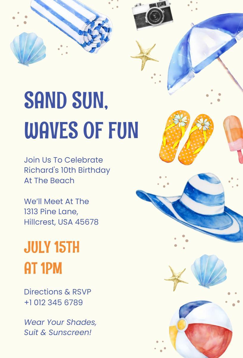 Waves of Fun Beach Party Birthday Celebration Invitation Template