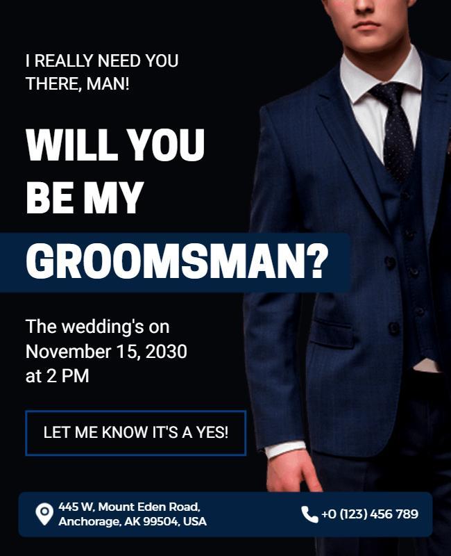 Sleek Navy Blue Wedding Groomsman Invitation Flyer Template