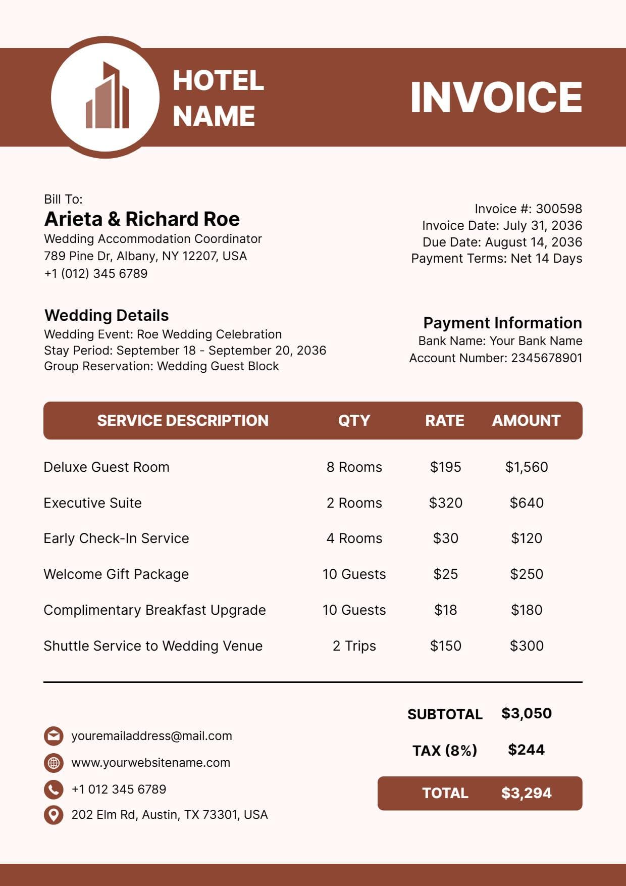 Wedding Guest Accommodation and Service Charges Hotel Invoice Template