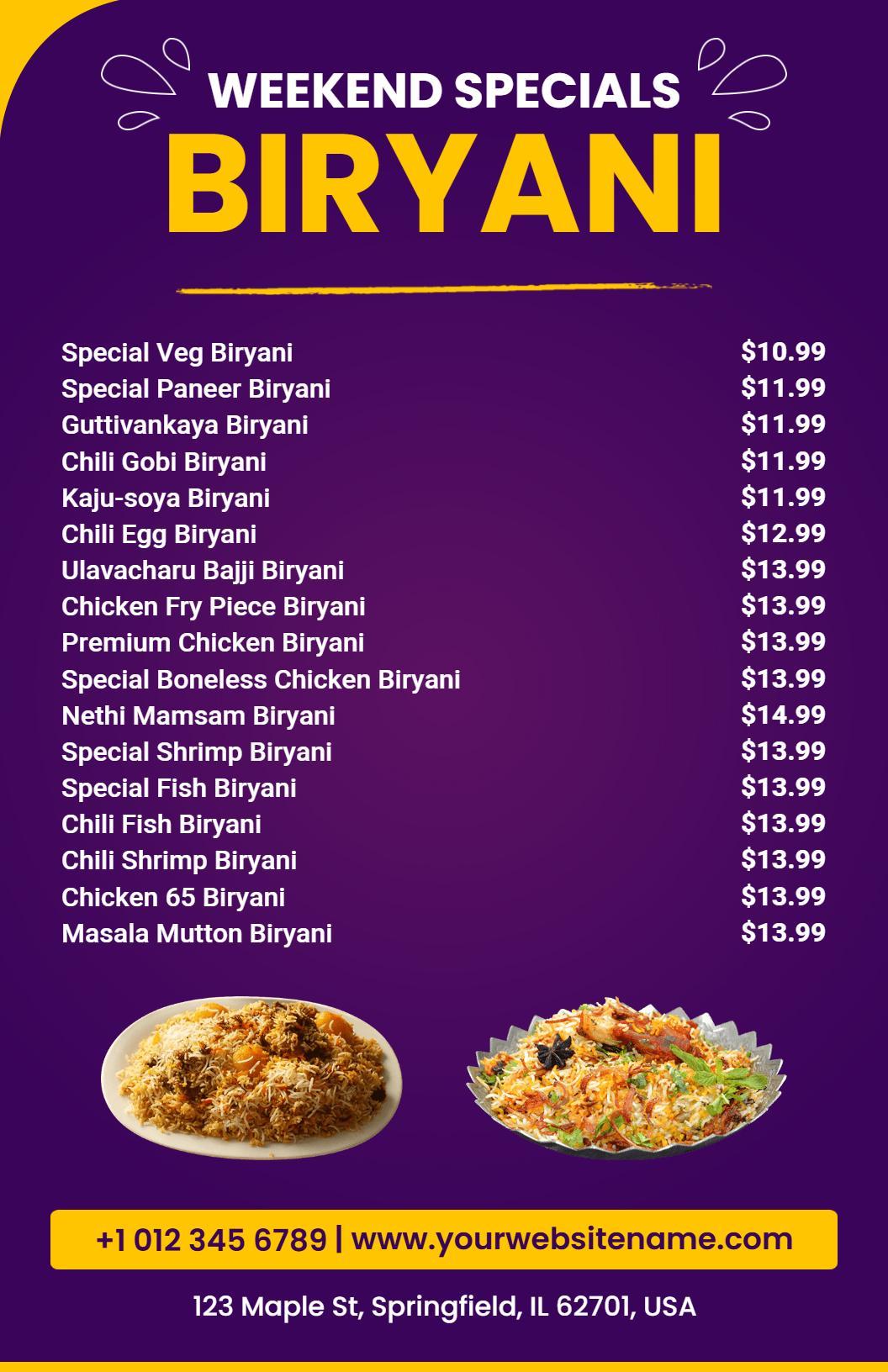 Weekend Specials Featuring Flavorful Biryani Varieties Menu Template