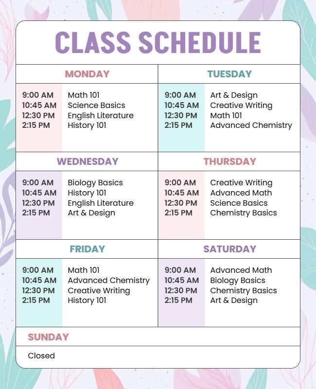 Weekly Academic Class Schedule Flyer Template