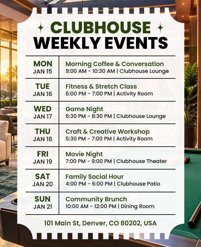 Weekly Event Schedule at Clubhouse Flyer Template