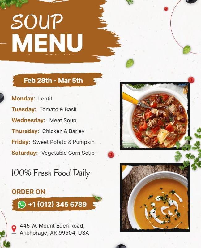 Weekly Restaurant Soup Menu Flyer Template