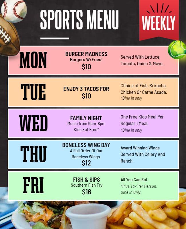 Weekly Sports Menu Specials Flyer Template