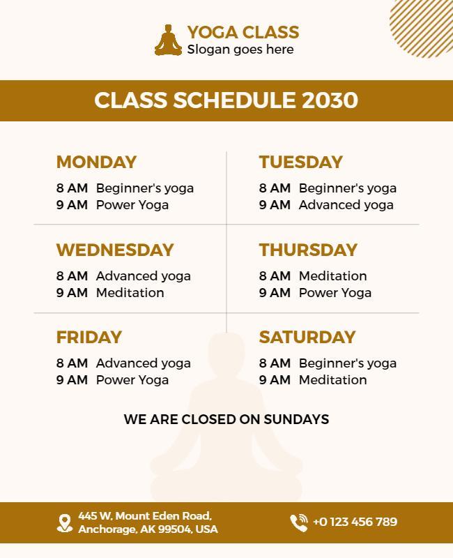 Calm Beige Yoga Class Schedule Flyer Template