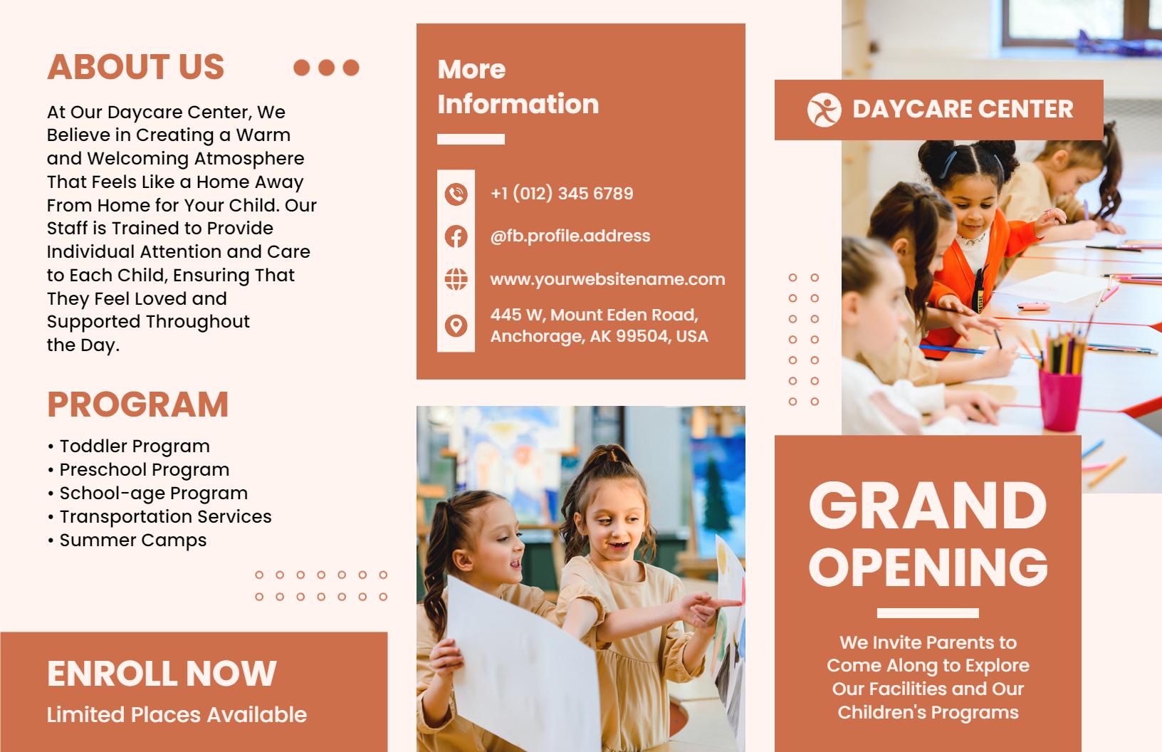 Welcoming Orange Daycare Center Programs and Grand Opening Brochure Template