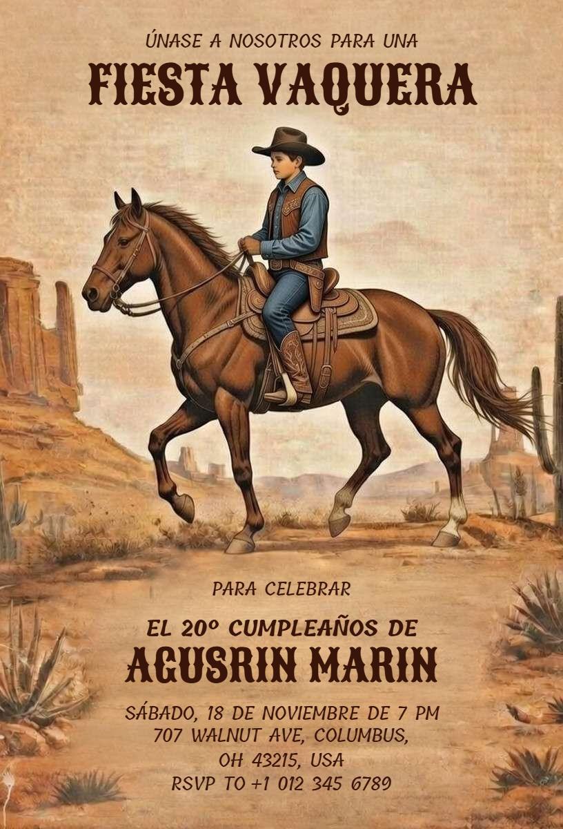 Western Cowboy Theme 20th Birthday Celebration Invitation Template