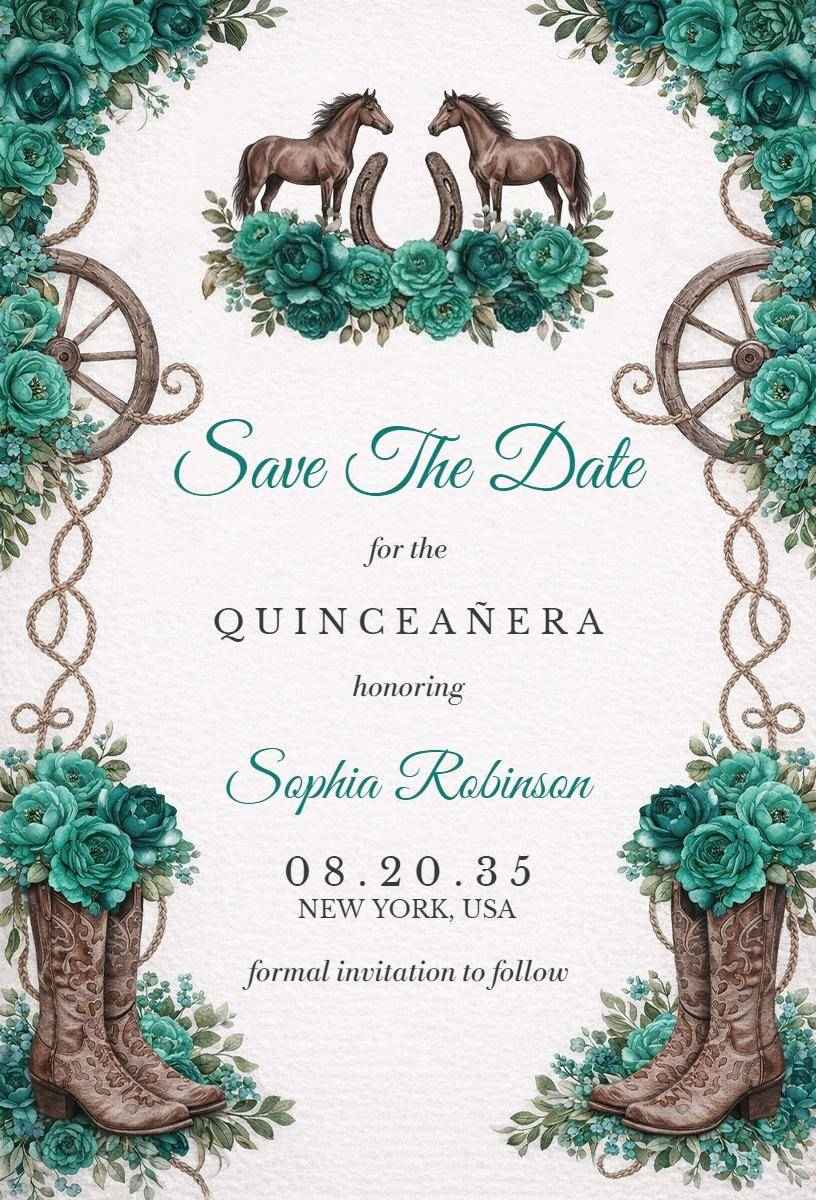 Western Horse-Themed Quinceañera Save The Date Invitation Template