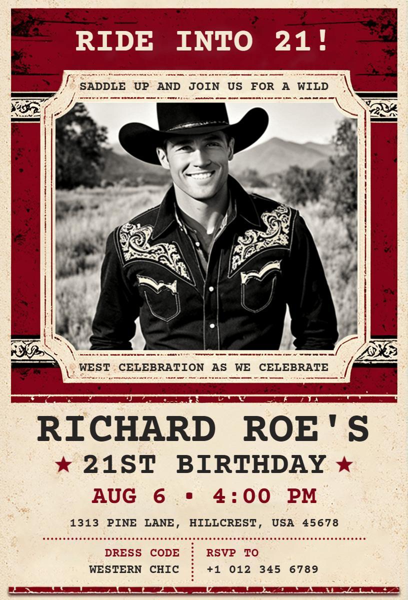 Western Style Cowboy Theme 21st Birthday Celebration Invitation Template