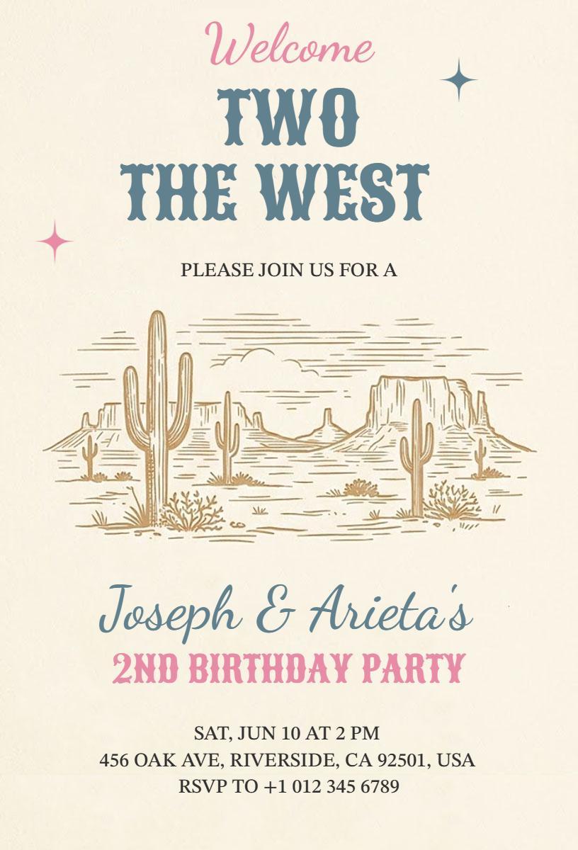 Western Themed Twins 2nd Birthday Celebration Invitation Template