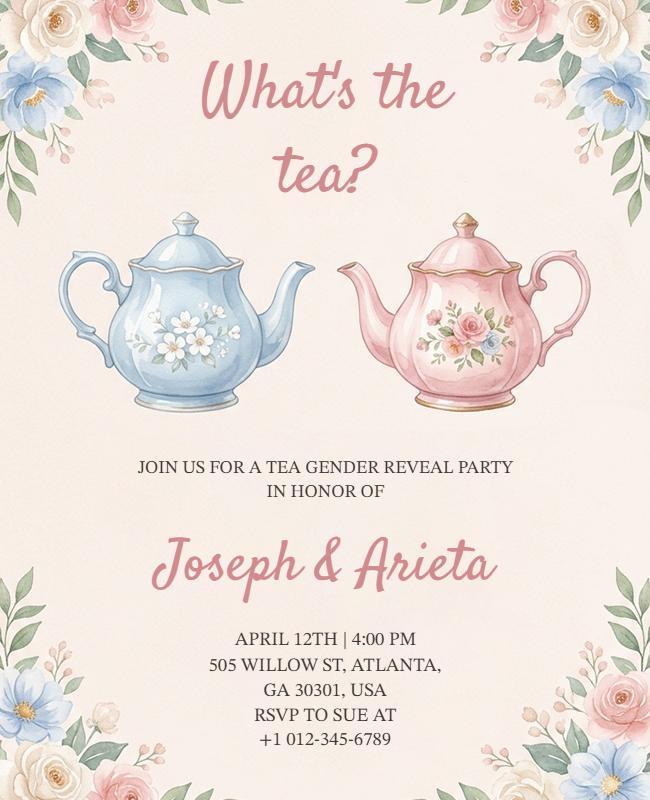 What's the Tea Party Gender Reveal Invitation Flyer Template