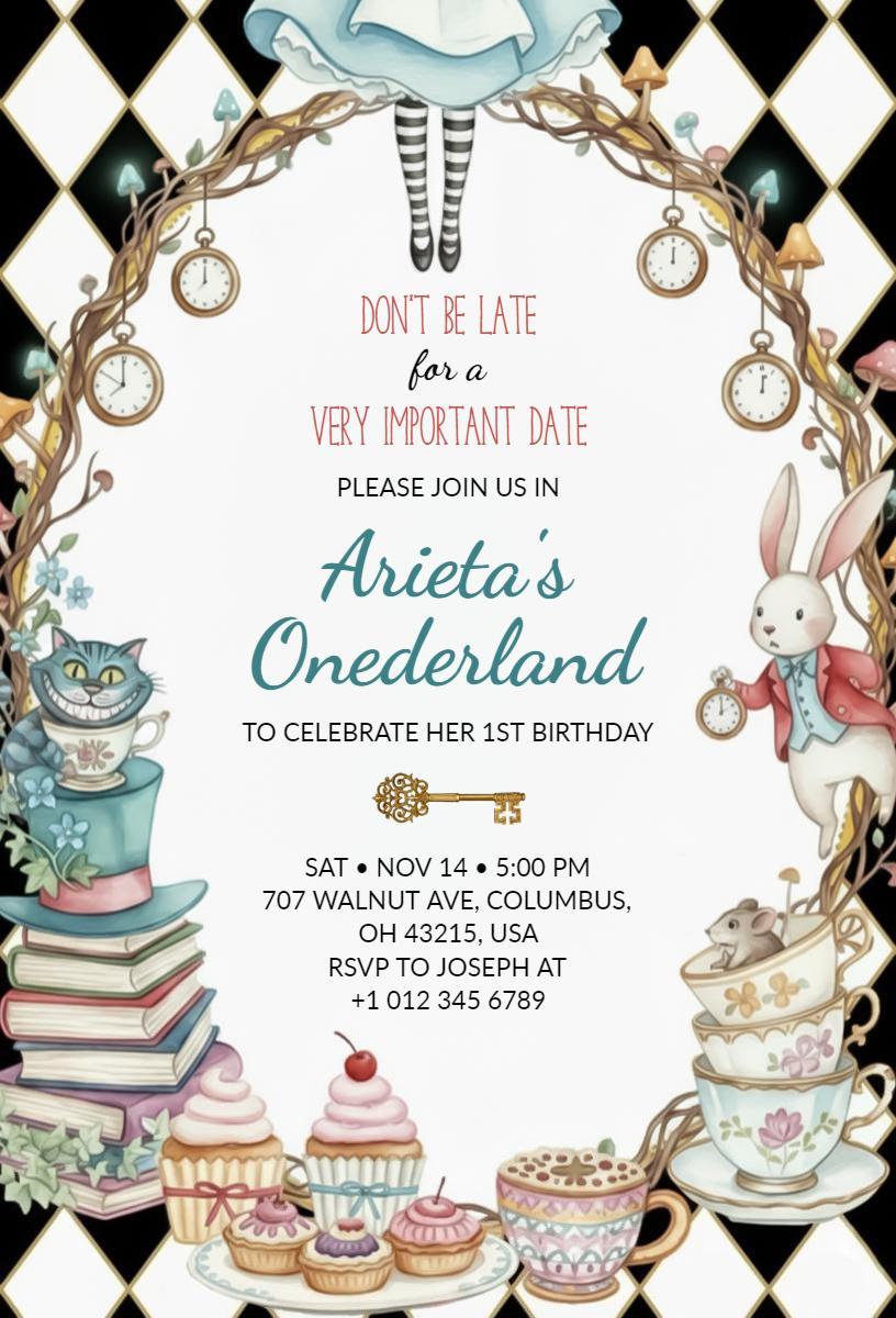 Whimsical Alice Wonderland 1st Birthday Celebration Invitation Template