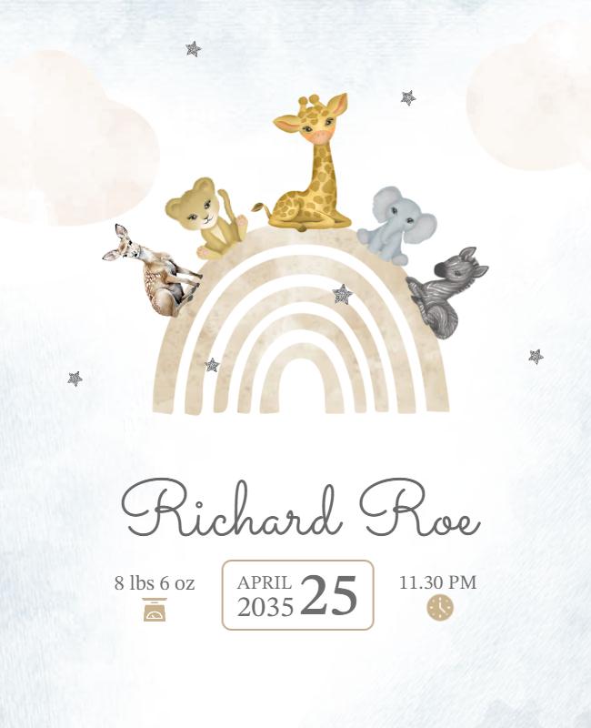 Whimsical Animal Friends with Rainbow Baby Announcement Poster Template