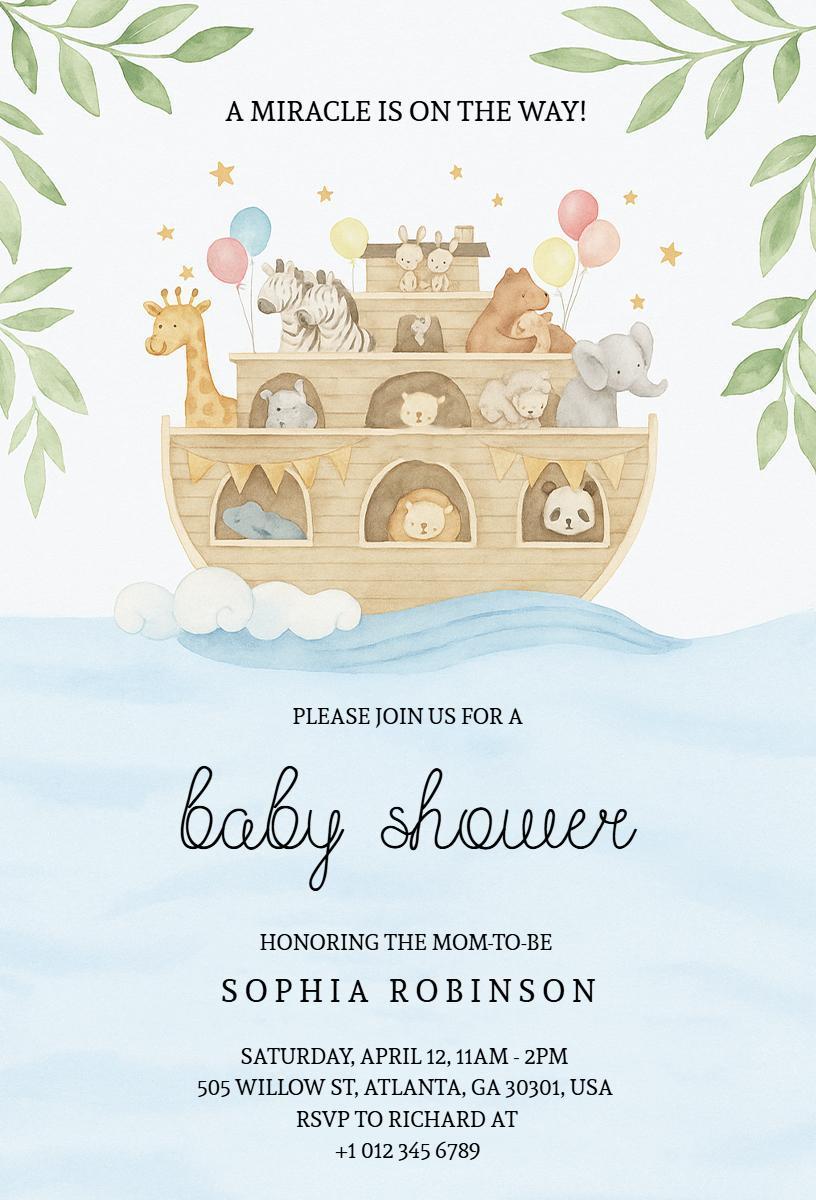 Whimsical Animal Noah's Ark Baby Shower Invitation Template
