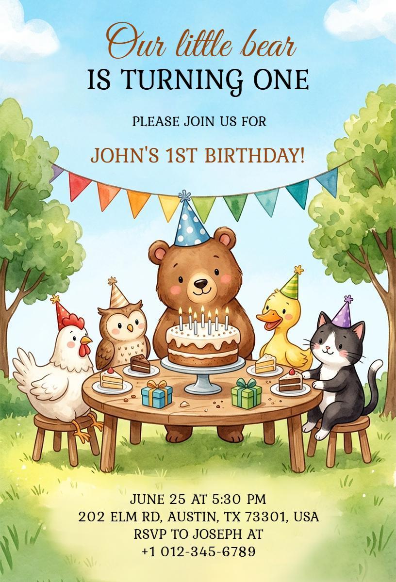 Whimsical Animal Theme 1st Birthday Celebration Invitation Template