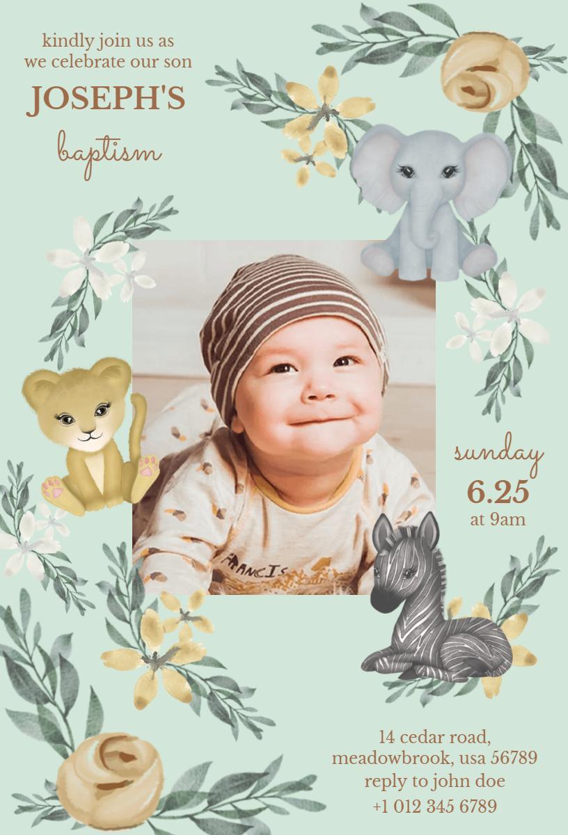Whimsical Animal Theme Joseph's Baptism Celebration Invitation Template