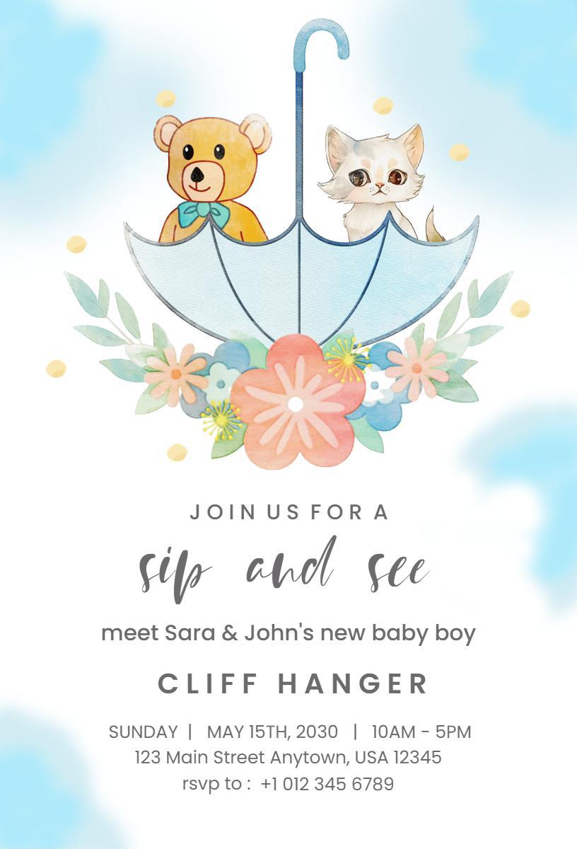 Whimsical Animal Theme Sip & See Baby Arrival Invitation Template