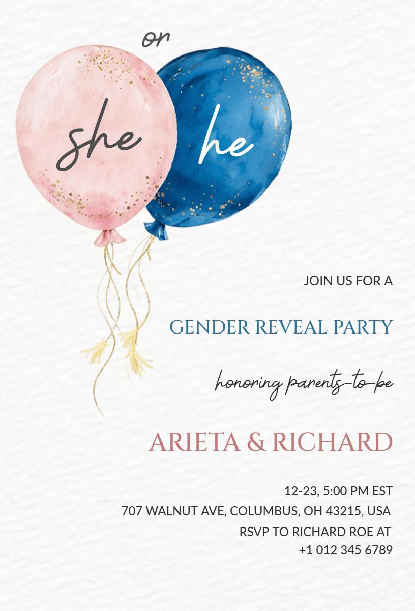 Whimsical Balloon Gender Reveal Party Celebration Invitation Template