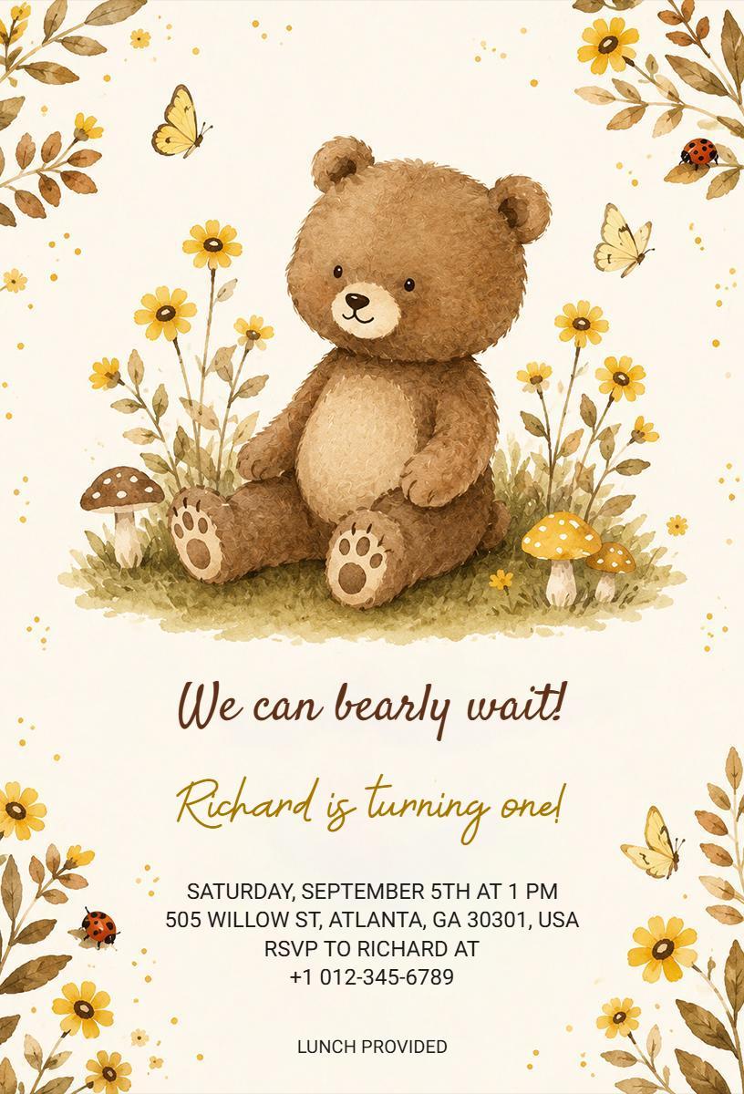 Whimsical Bear 1st Birthday Celebration Invitation Template