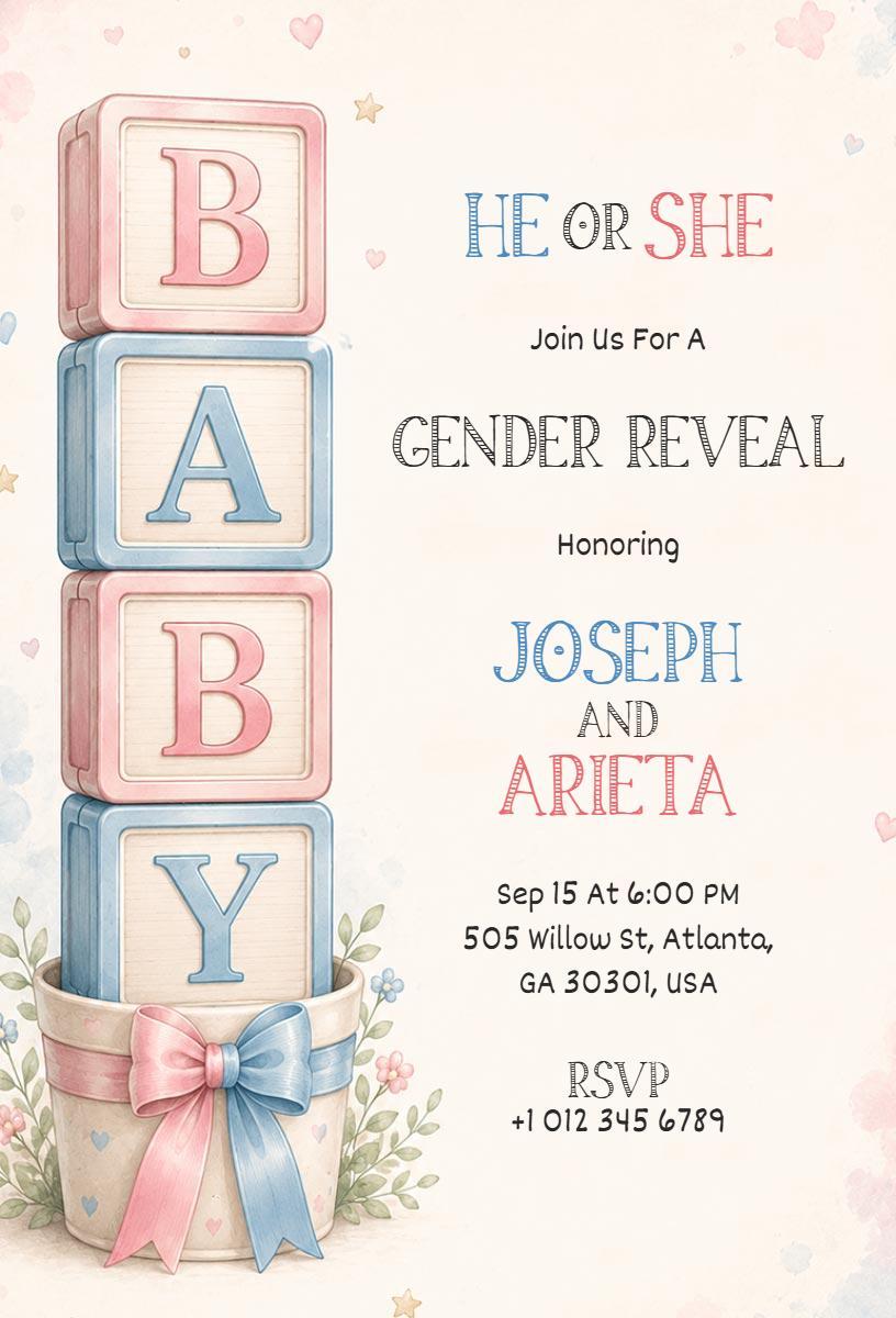 Whimsical Block Baby Gender Reveal Celebration Invitation Template