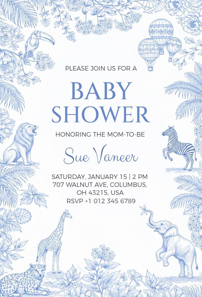 Whimsical Blue Jungle Safari Baby Shower Invitation Template