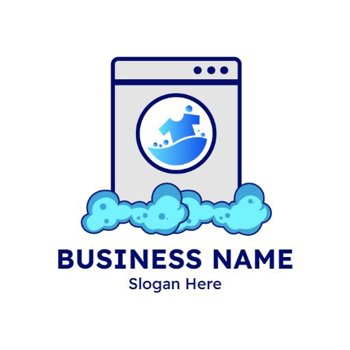 Whimsical Blue Laundry Machine Bubbles and Clothes Logo Template