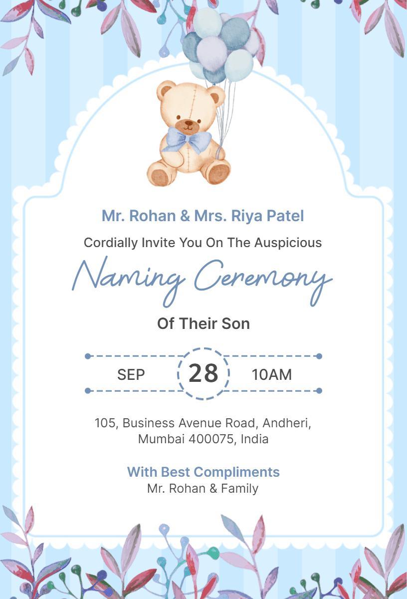 Whimsical Blue Teddy Bear Naming Ceremony Invitation Template