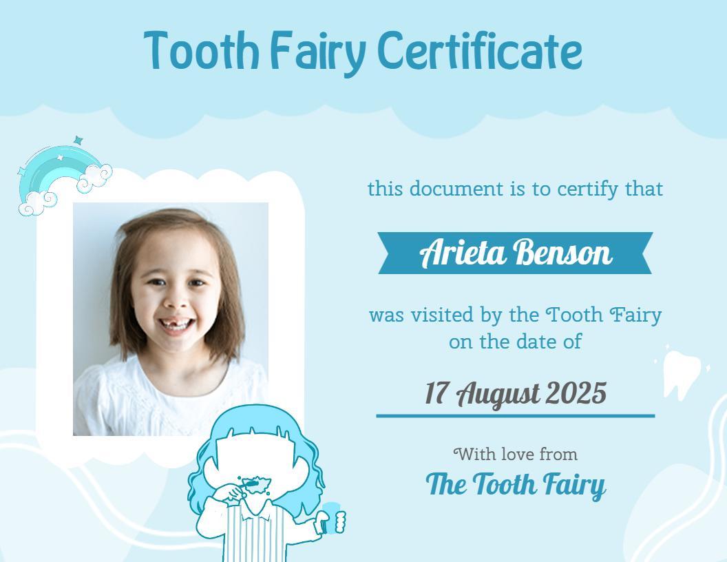 Whimsical Blue Tooth Fairy Visit Celebration Certificate Template