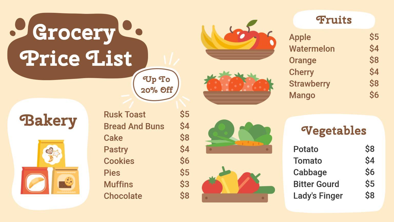 Whimsical Brown and Cream Grocery Menu Price List Template