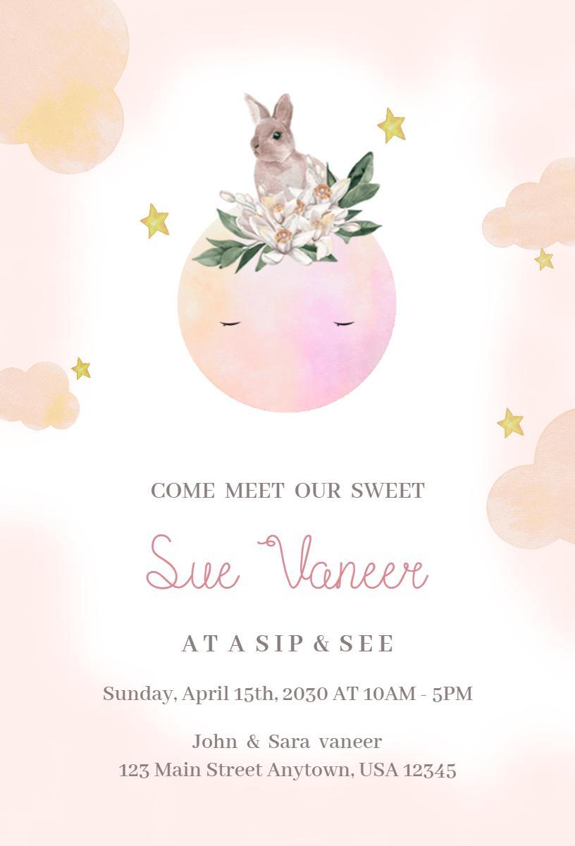Whimsical Bunny Theme Sip & See Celebration Invitation Template