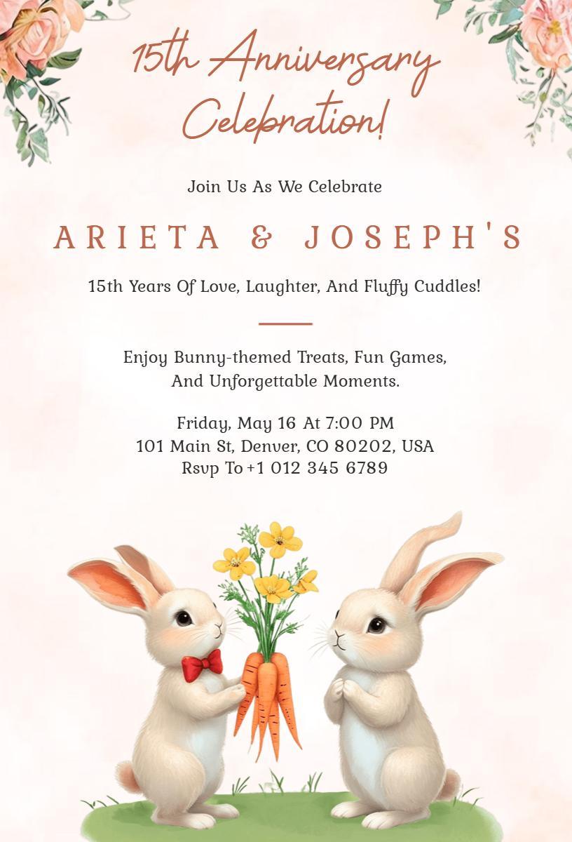 Whimsical Bunny Themed 15th Anniversary Celebration Invitation Template