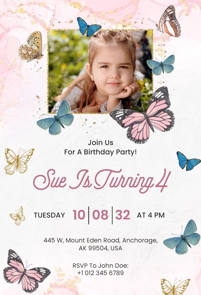 Whimsical Butterfly Garden 4th Birthday Celebration Invitation Template