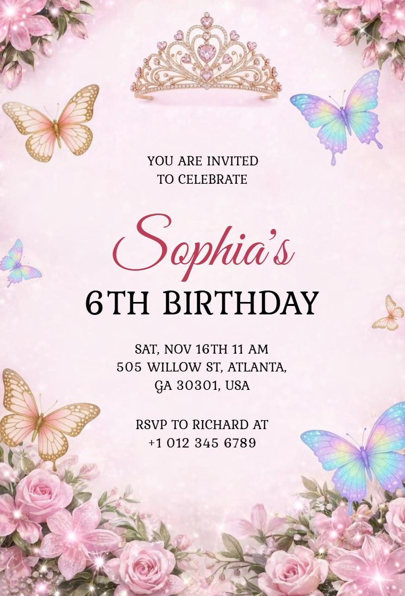 Whimsical Butterfly Princess 6th Birthday Invitation Template