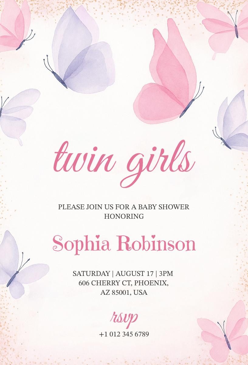 Whimsical Butterfly Twin Girls Baby Shower Invitation Template