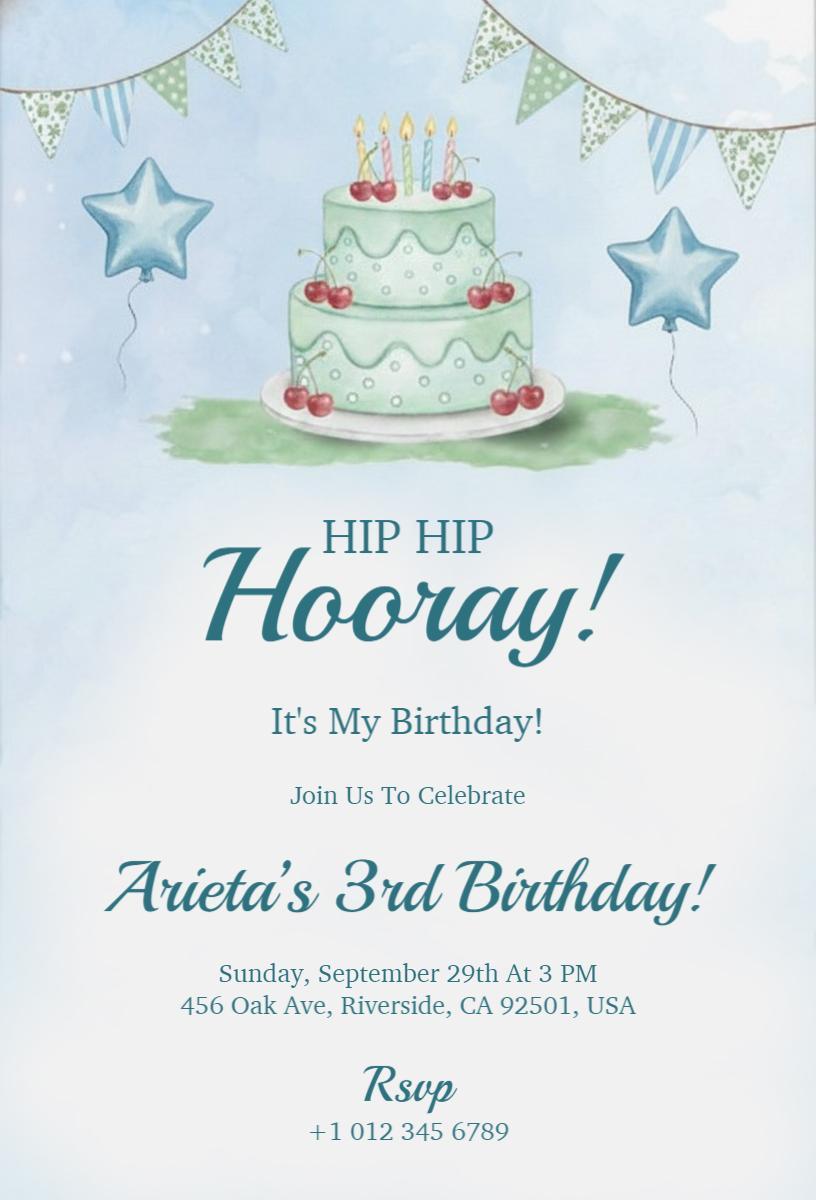 Whimsical Cake Theme 3rd Birthday Celebration Invitation Template