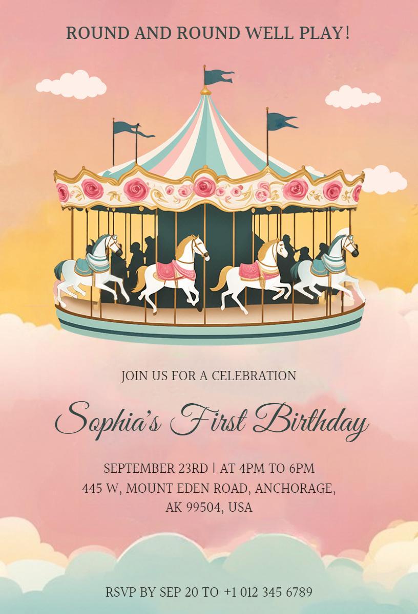 Whimsical Carousel Horse First Birthday Celebration Invitation Template