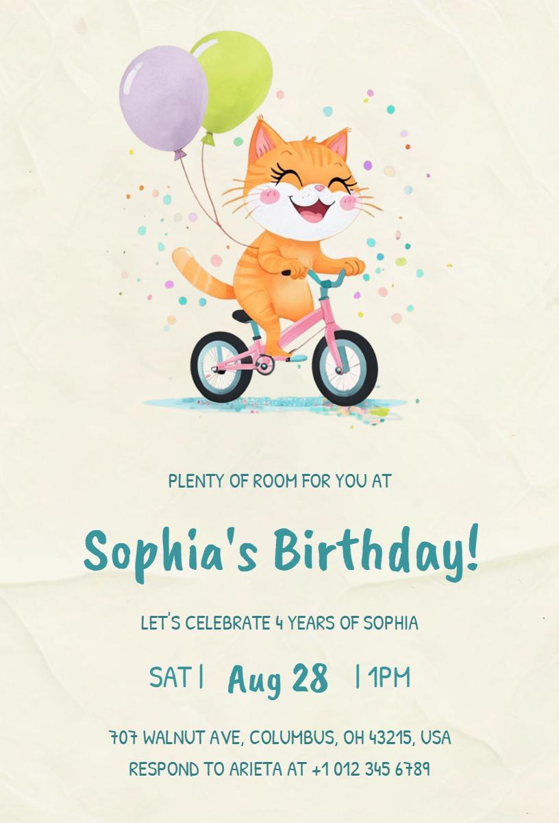 Whimsical Cat Cycling Birthday Celebration Invitation Template
