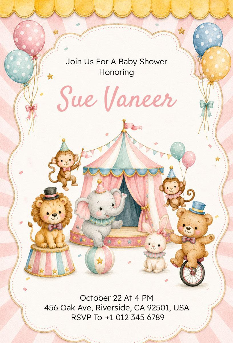 Whimsical Circus Animal Baby Shower Celebration Invitation Template