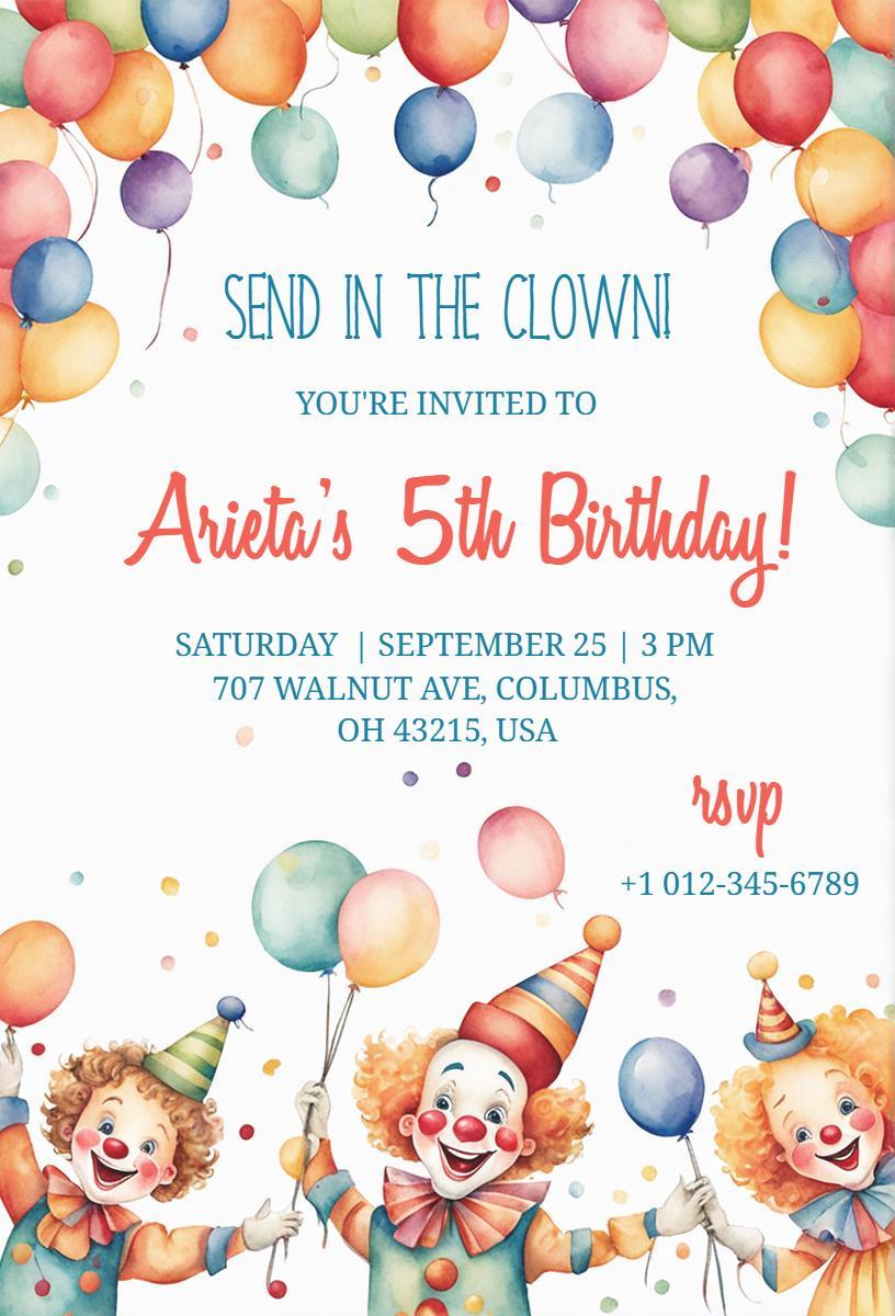 Whimsical Clown Colorful Kids Birthday Celebration Invitation Template