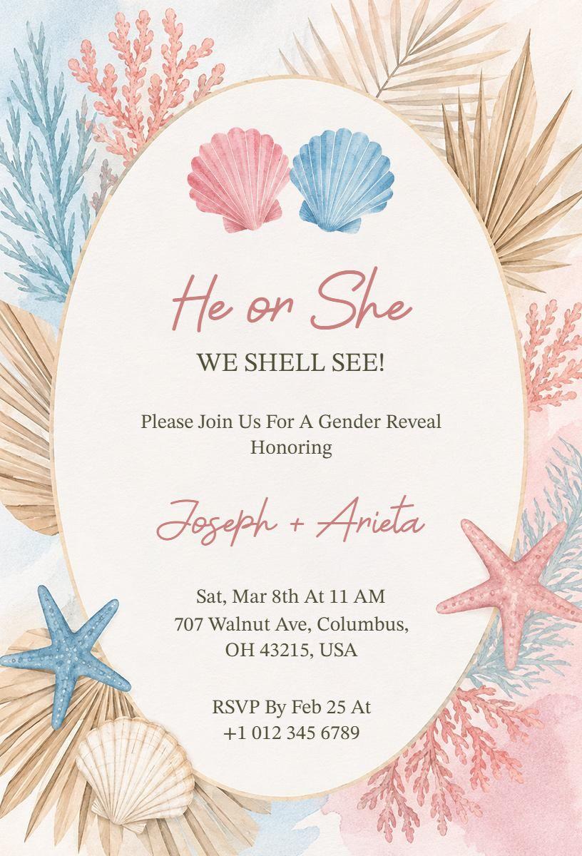 Whimsical Coastal Seashell Gender Reveal Invitation Template